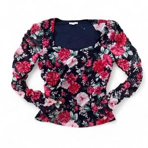 Floral Mesh Sweetheart Neck Long Sleeve Top Size Large Navy w/ Pink Flowers NWOT